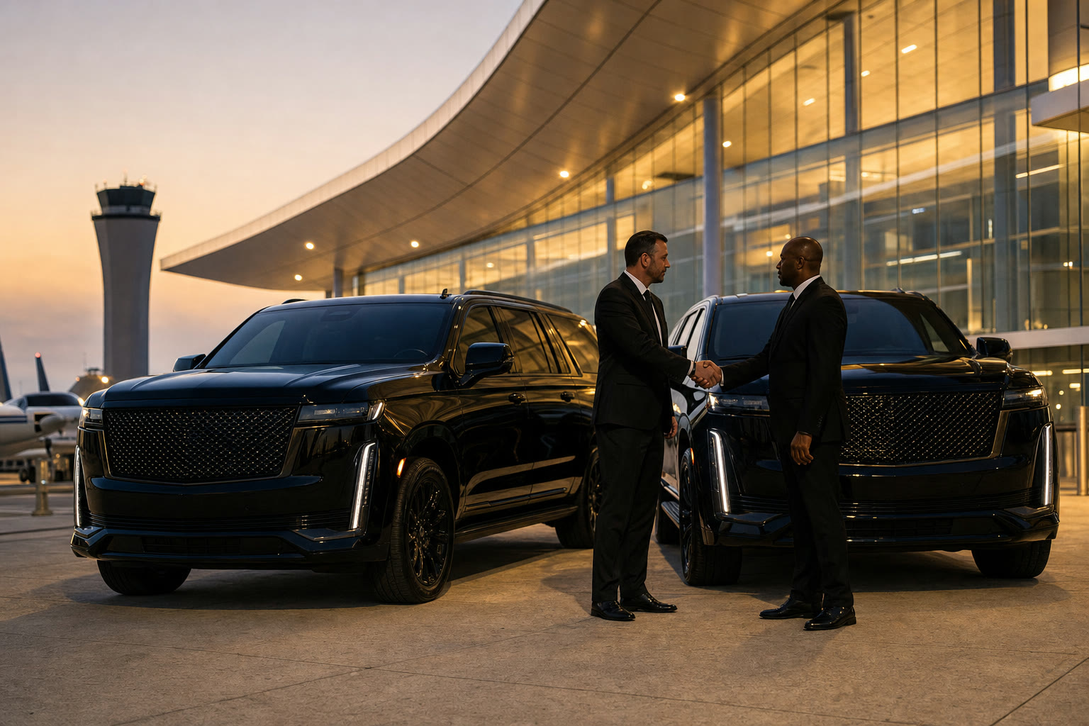 Two chauffeurs shaking hands beside black SUVs, representing an affiliate partnership handoff