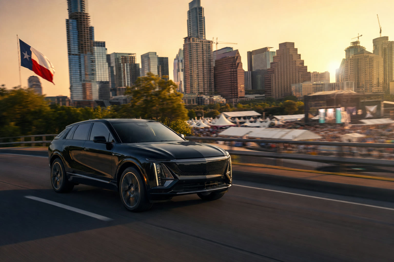 Black SUV driving toward the Austin skyline during festival season