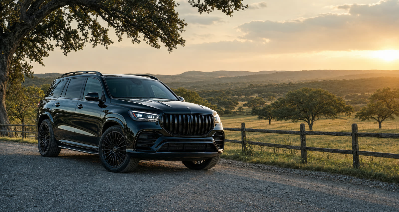 Black luxury SUV on a Hill Country ranch road near Bandera, Texas