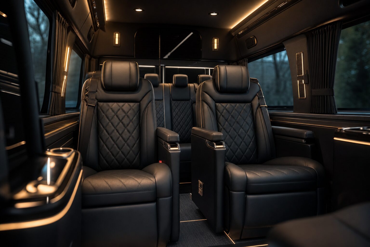 Plush black leather interior of a luxury executive vehicle with warm ambient lighting