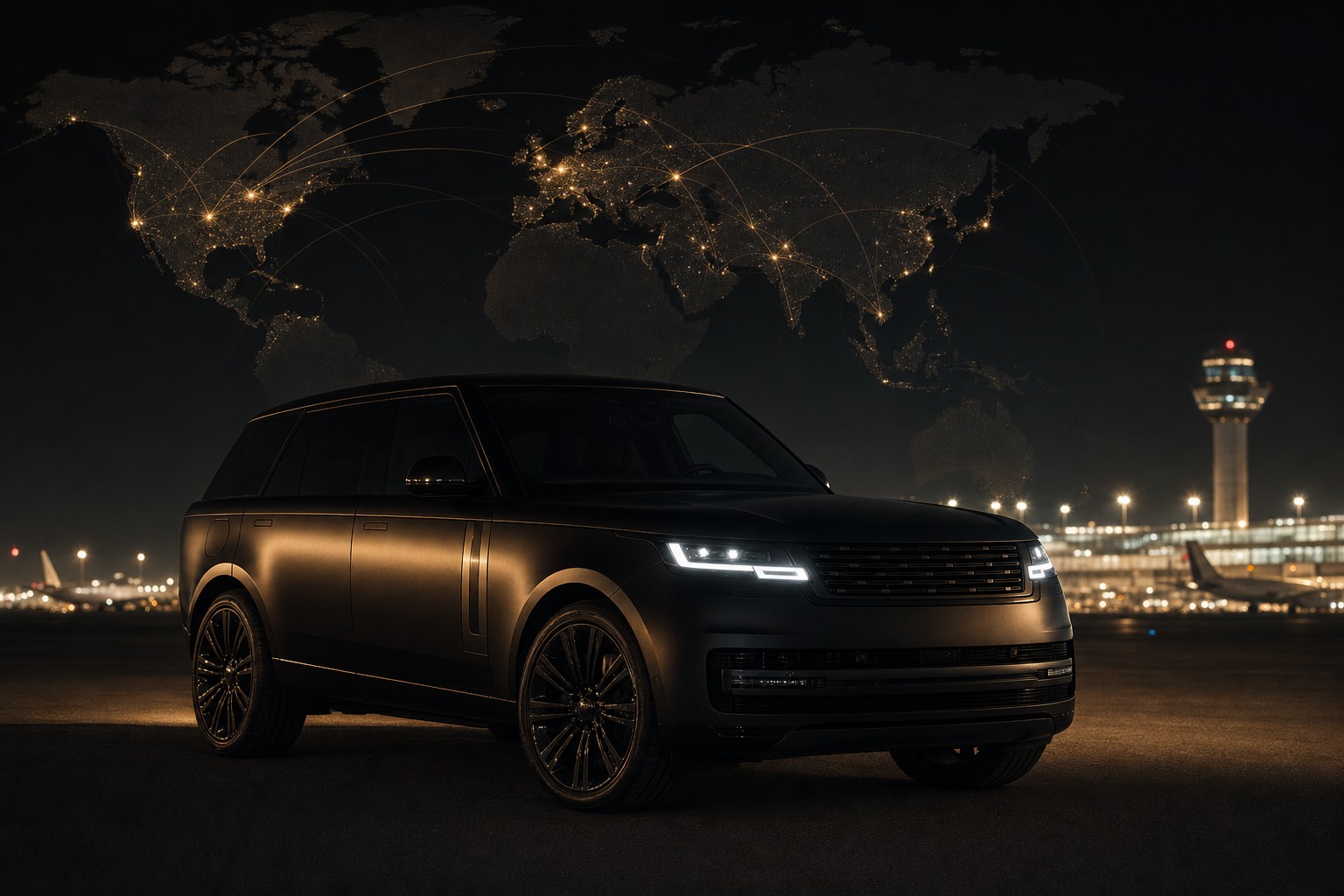 Matte black luxury SUV waiting at an international airport at night, with a glowing world map of flight paths overlaid above