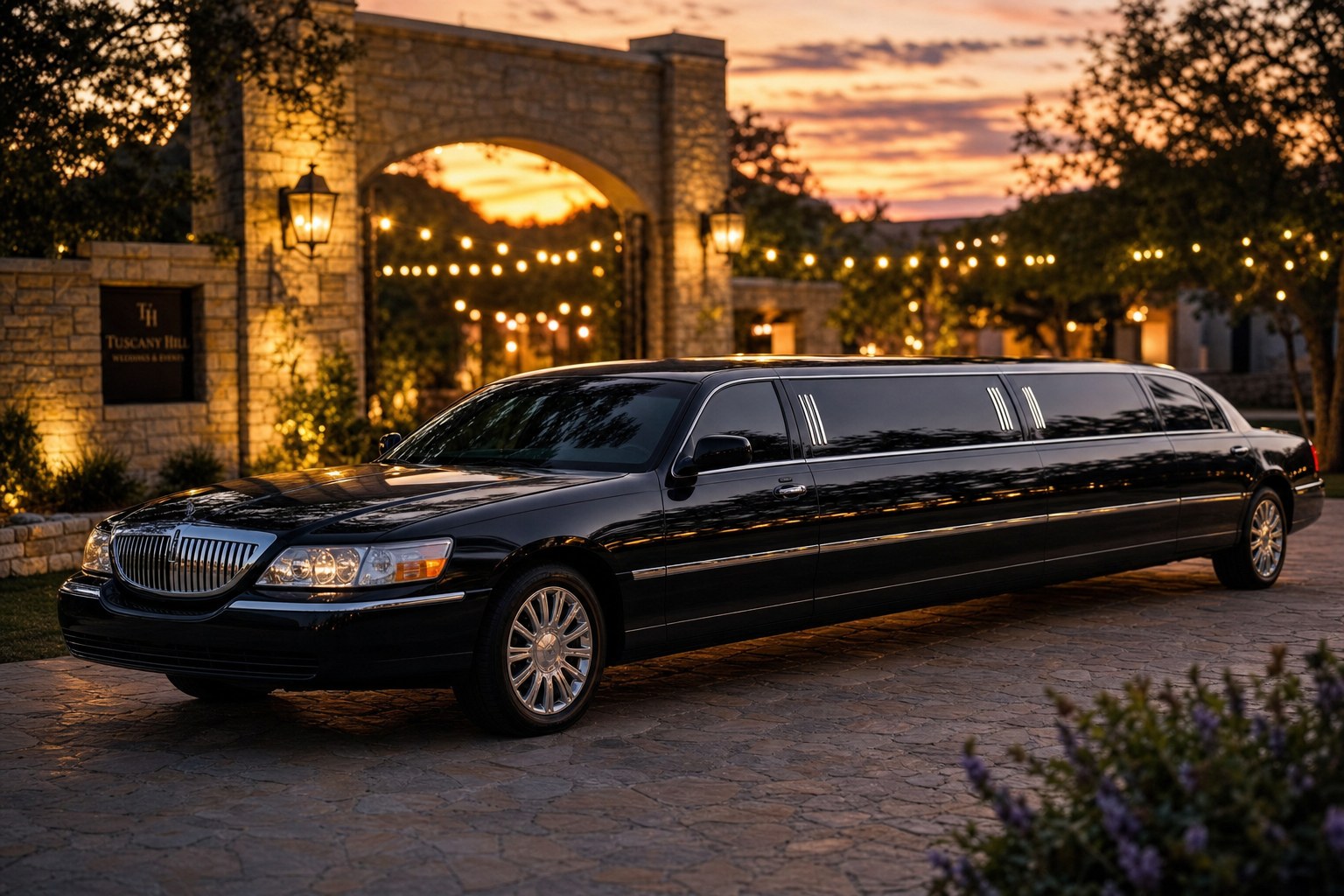Stretch limo and getaway car for wedding transportation