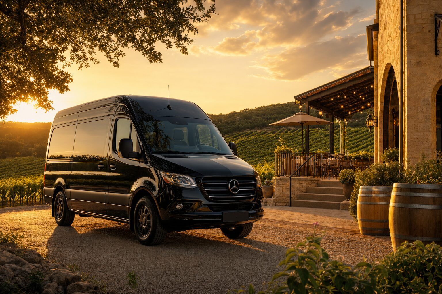 Black luxury Sprinter van outside a Texas Hill Country winery at sunset